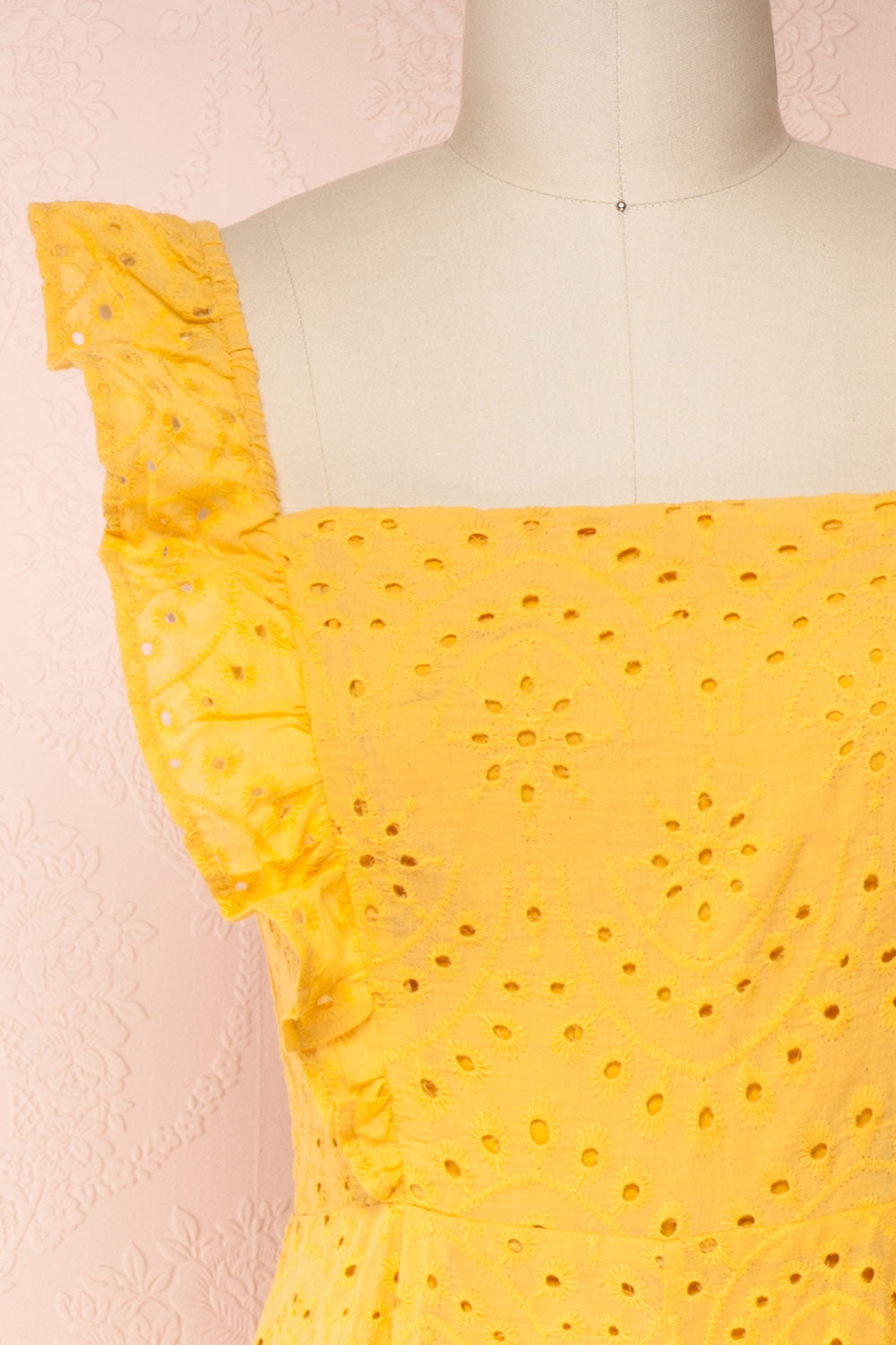 Ardfesh Yellow Embroidered Openwork Jumpsuit | Boutique 1861 front close-up