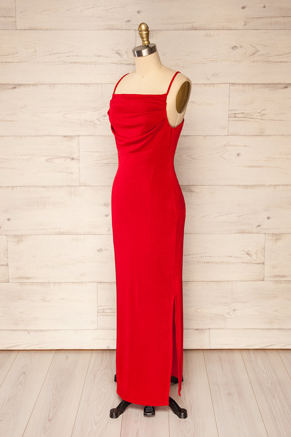 Ardoz Red Shimmery Midi Dress w/ Cowl Neck | La petite garçonne side view