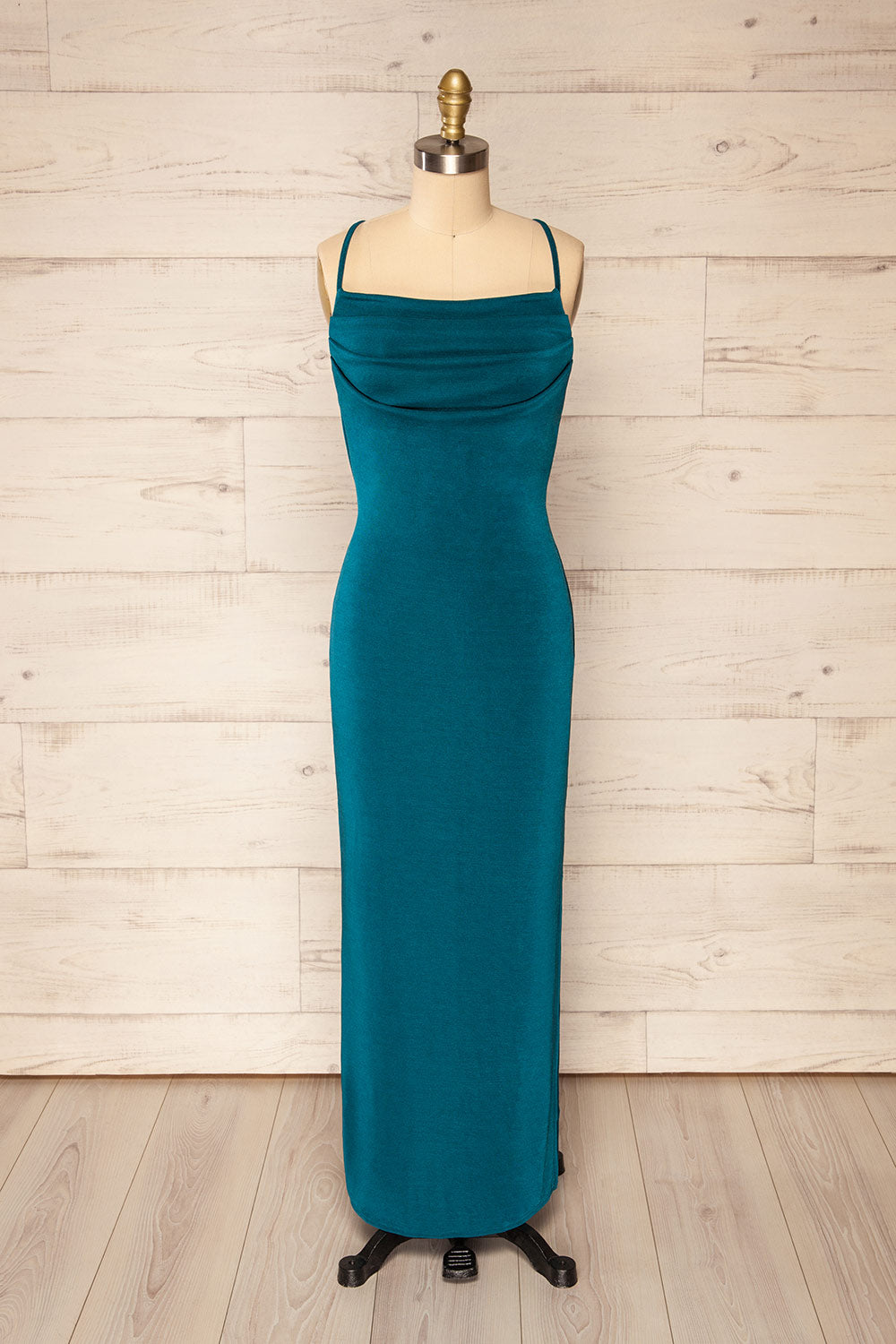Ardoz Teal Shimmery Midi Dress w/ Cowl Neck | La petite garçonne front view