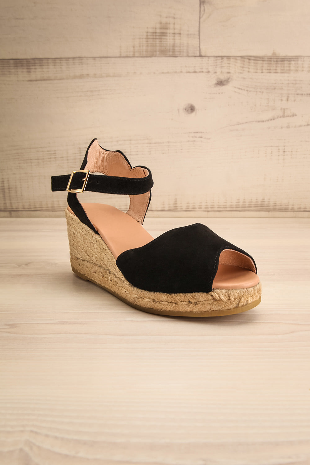 Arma Black Suede Peep Toe Sandal Wedges | La petite garçonne front view