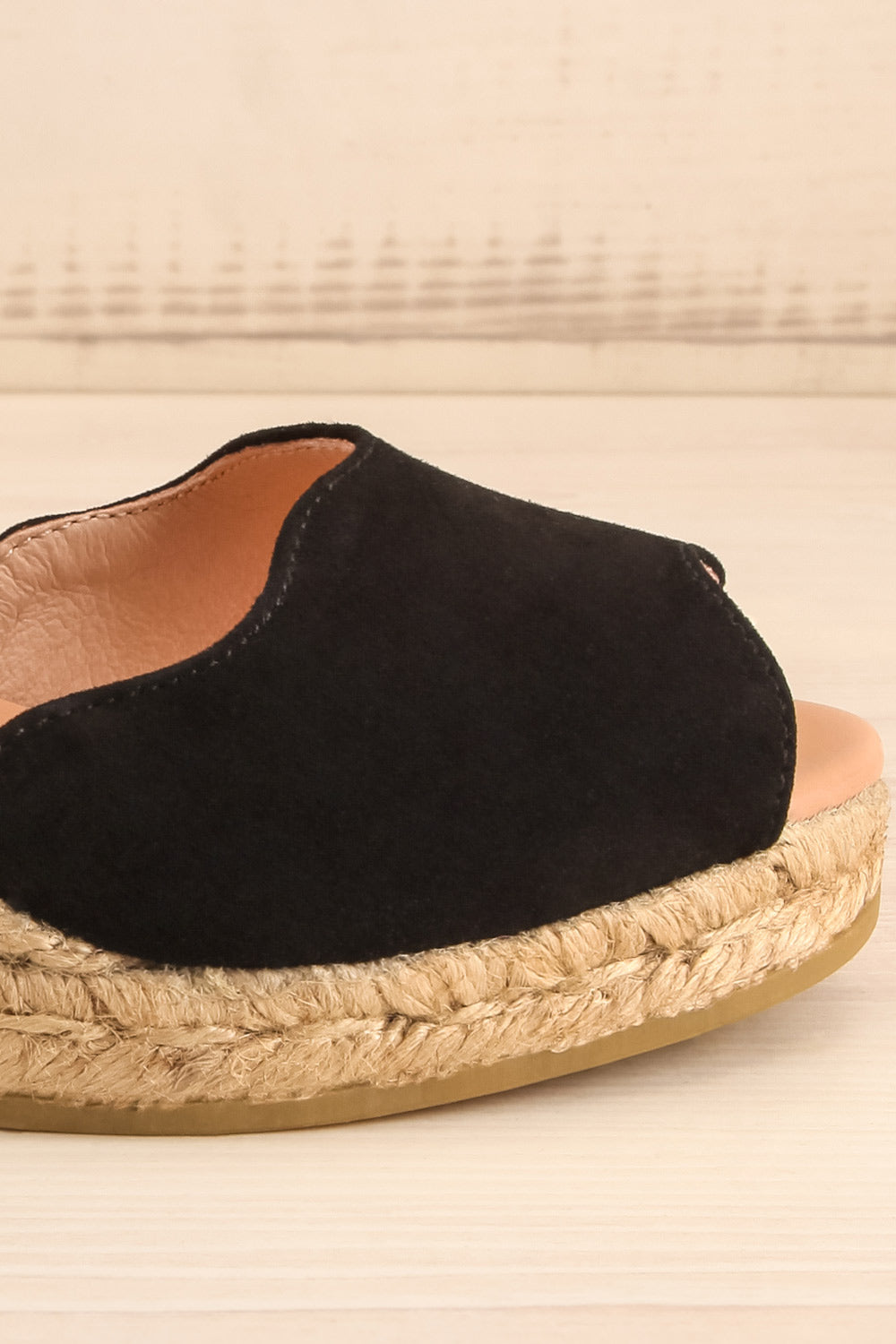 Arma Black Suede Peep Toe Sandal Wedges | La petite garçonne side front close-up