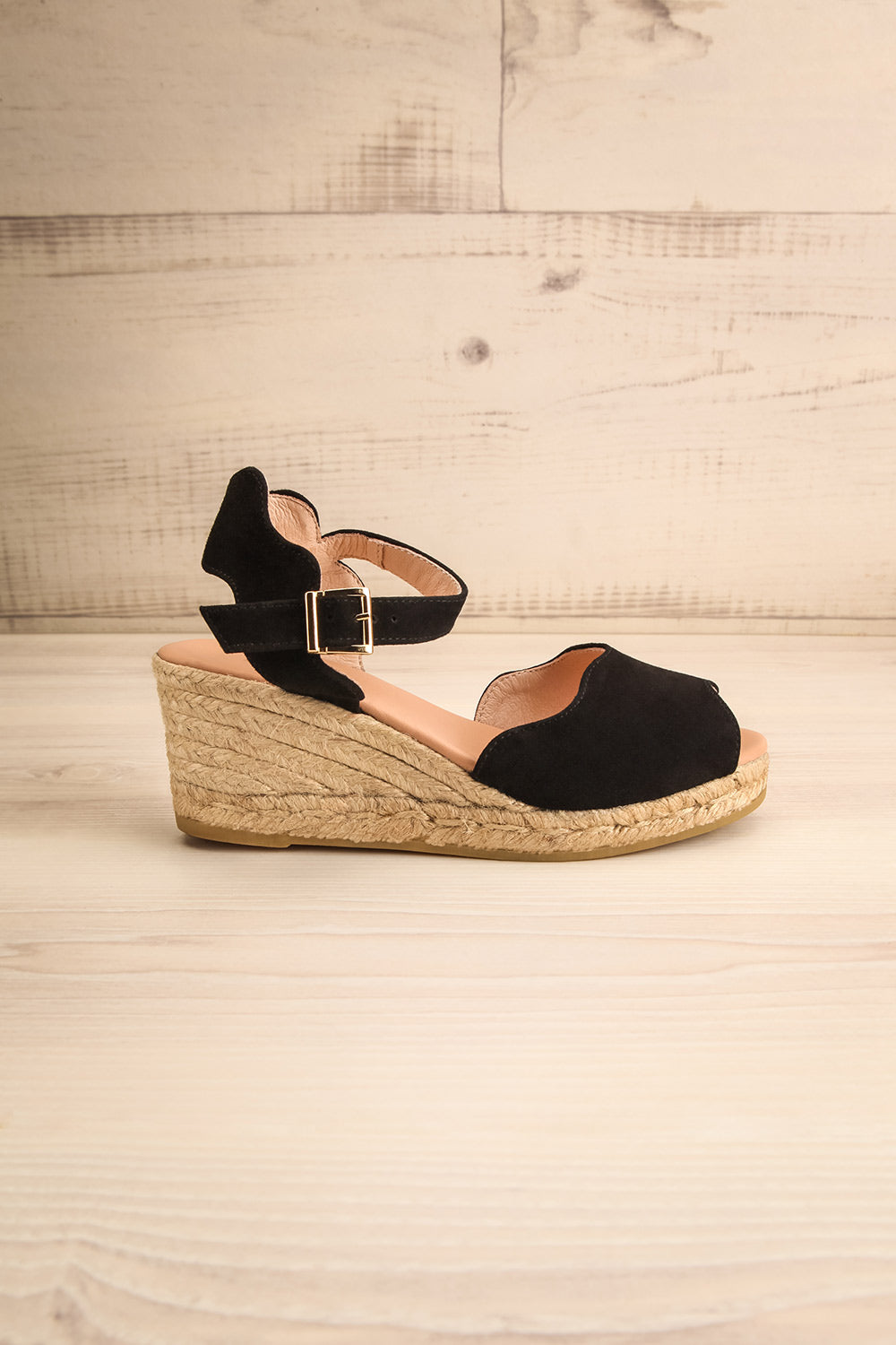 Arma Black Suede Peep Toe Sandal Wedges | La petite garçonne side view