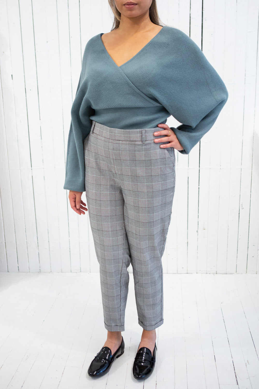 Armis Teal Ribbed Faux Wrap Sweater | La petite garçonne model