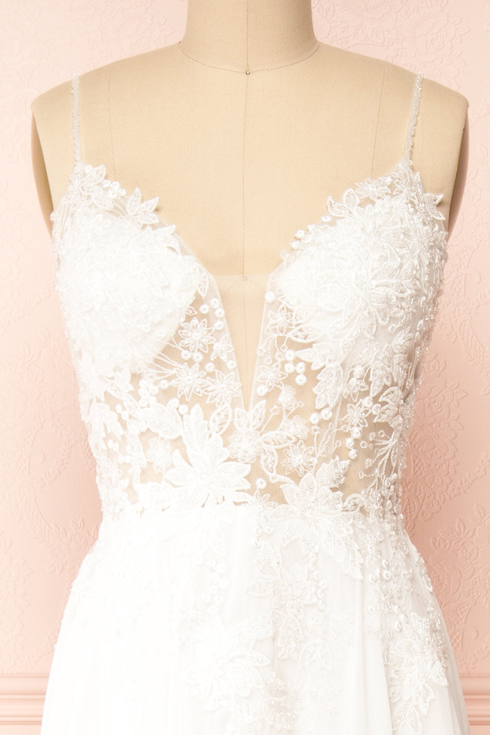 Arsinoe White Plunging Neckline Bridal Gown | Boudoir 1861 front close-up