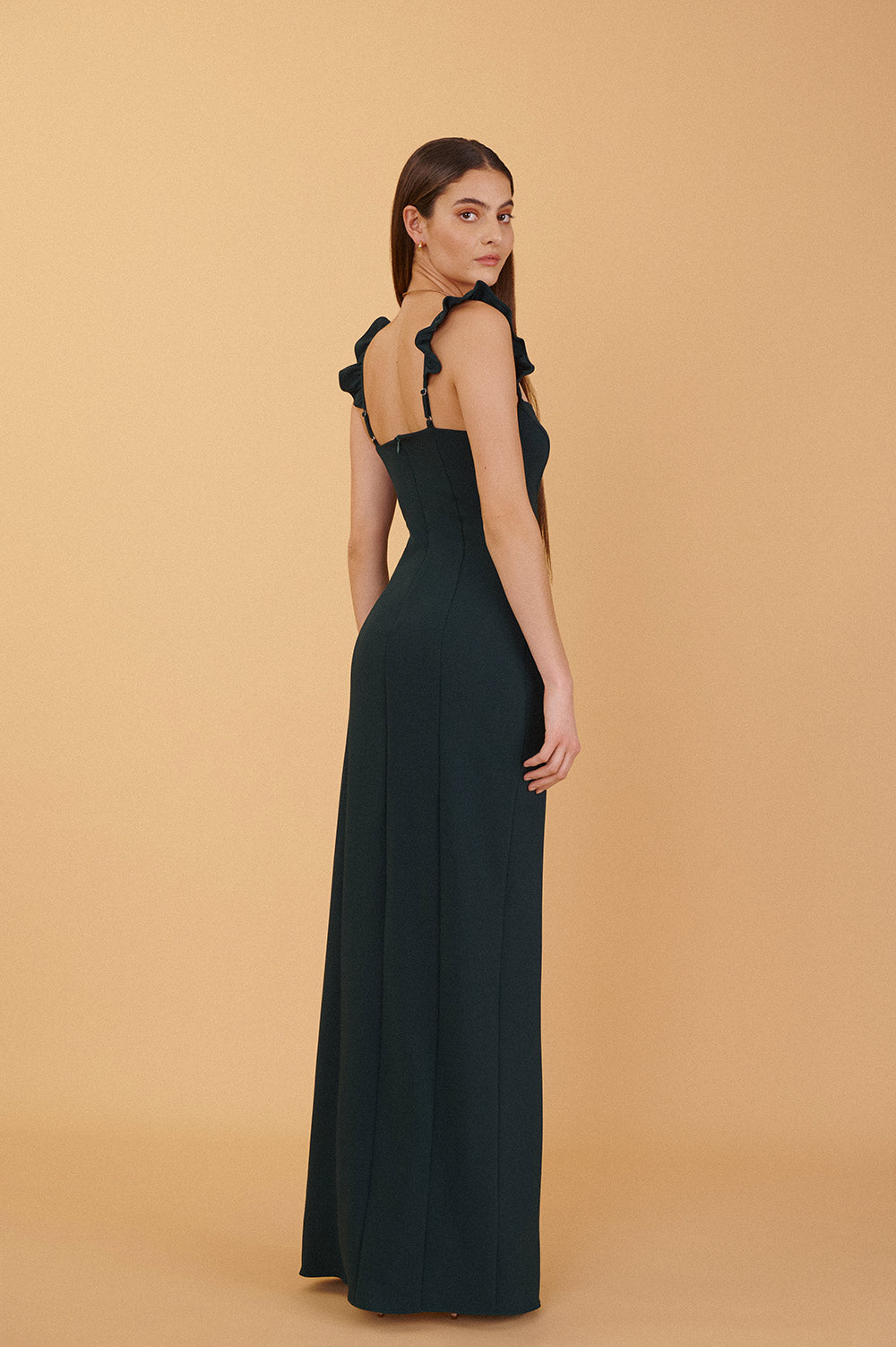 Mia Emerald Green Maxi Dress w/ Ruffled Straps | Boudoir 1861 back model