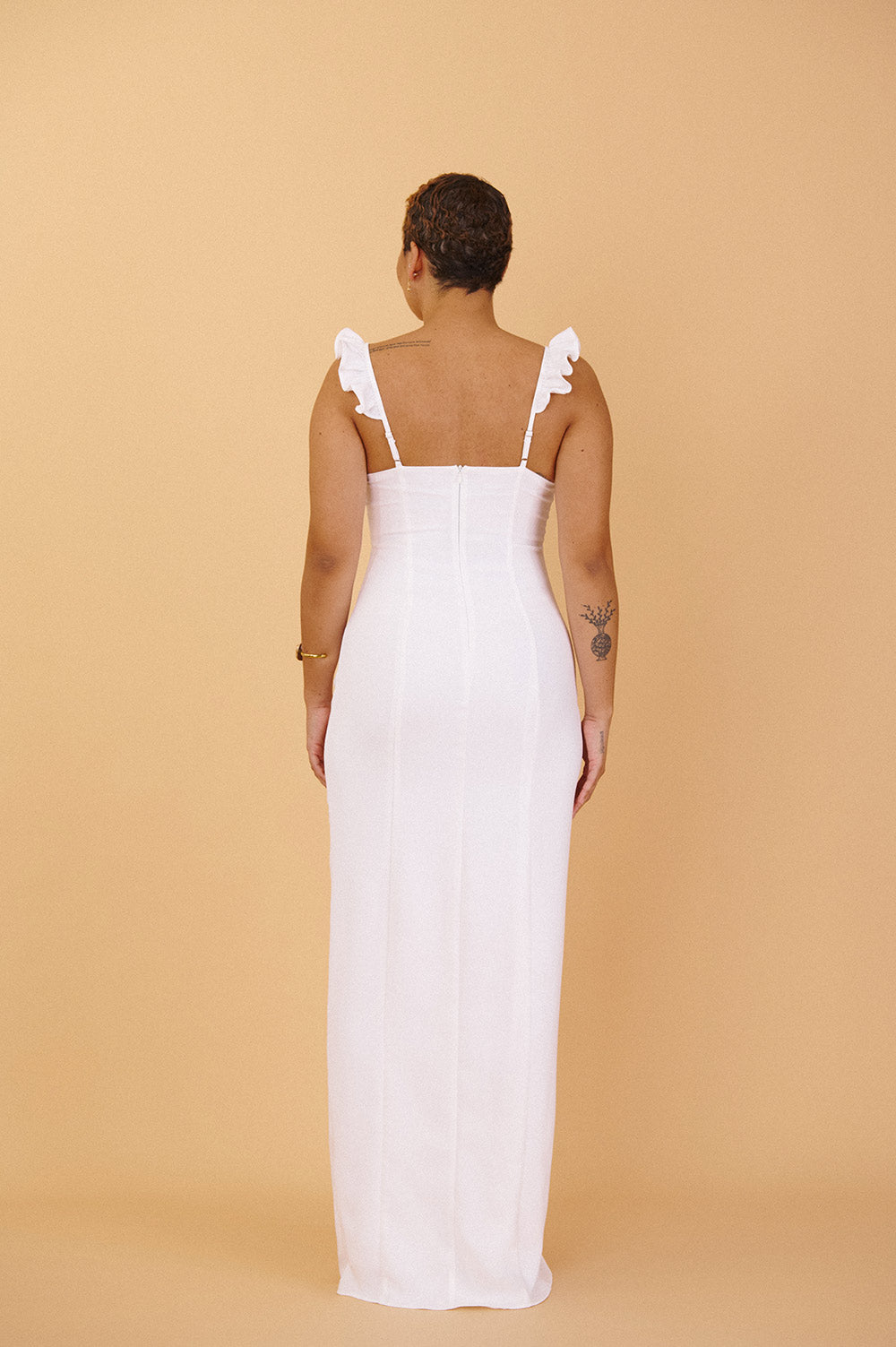 Mia White Maxi Dress w/ Ruffled Straps | Boudoir 1861 back model