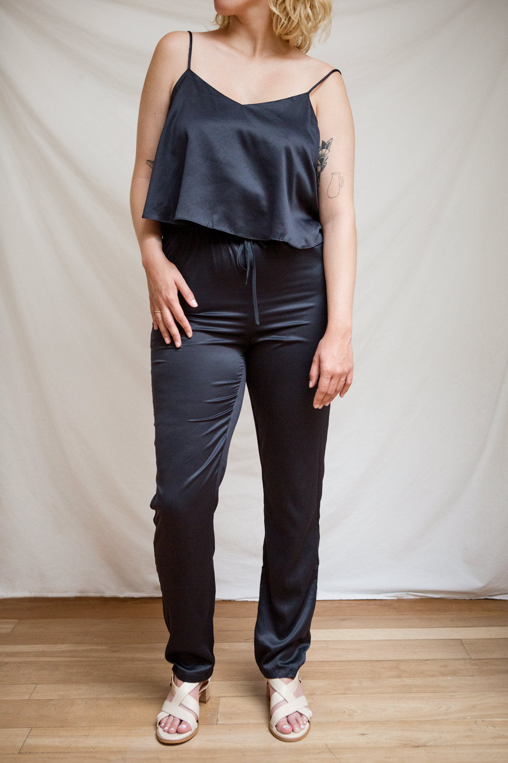 Arundel Navy Blue Satin Jumpsuit w/ Ruffled Top | La petite garçonne model