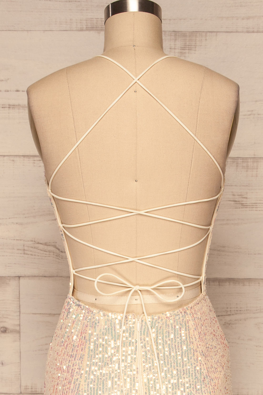 Askim Diamond White Sequin Mermaid Dress back close up | La Petite Garçonne