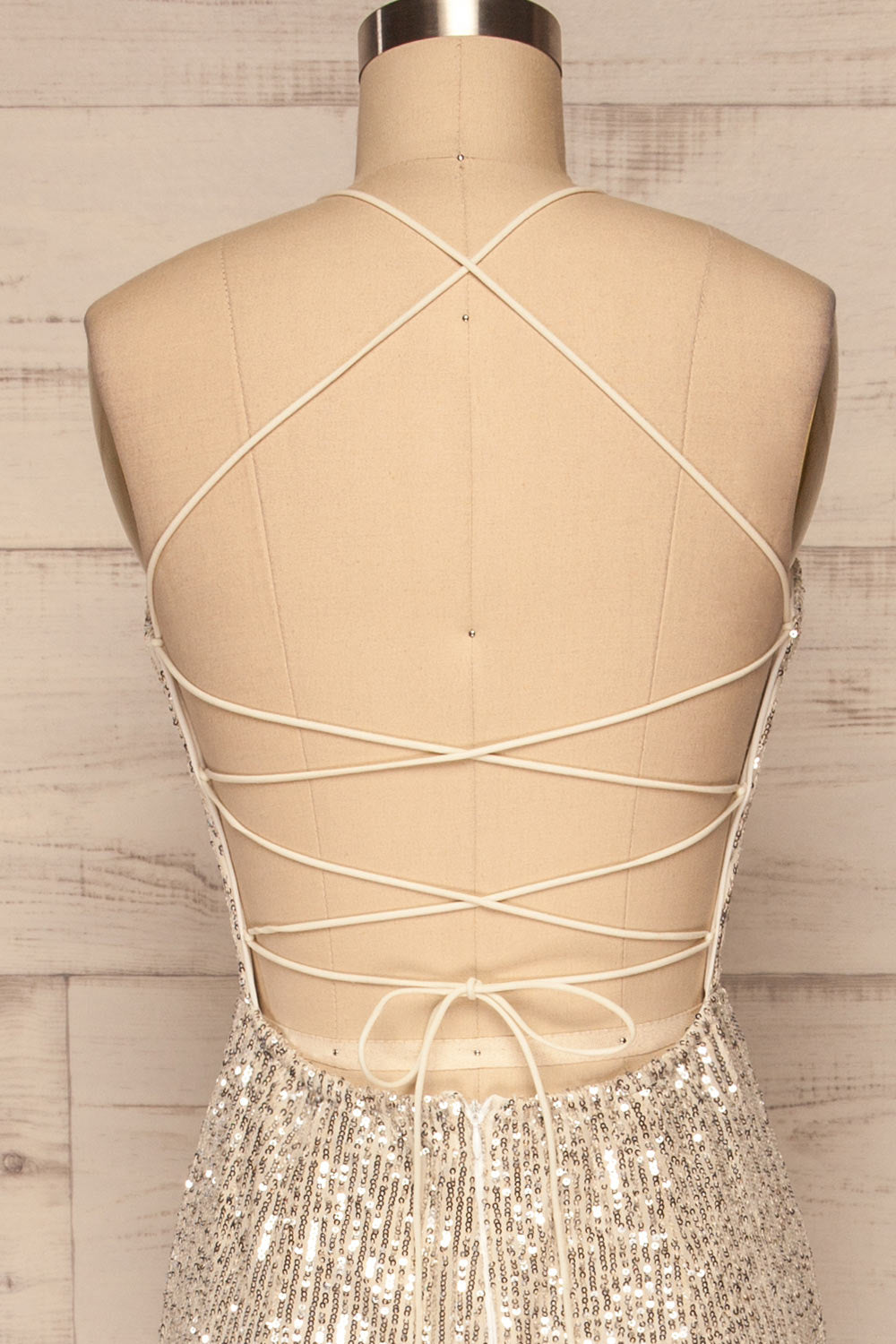 Askim Opal Cream Sequin Mermaid Dress back close up | La Petite Garçonne