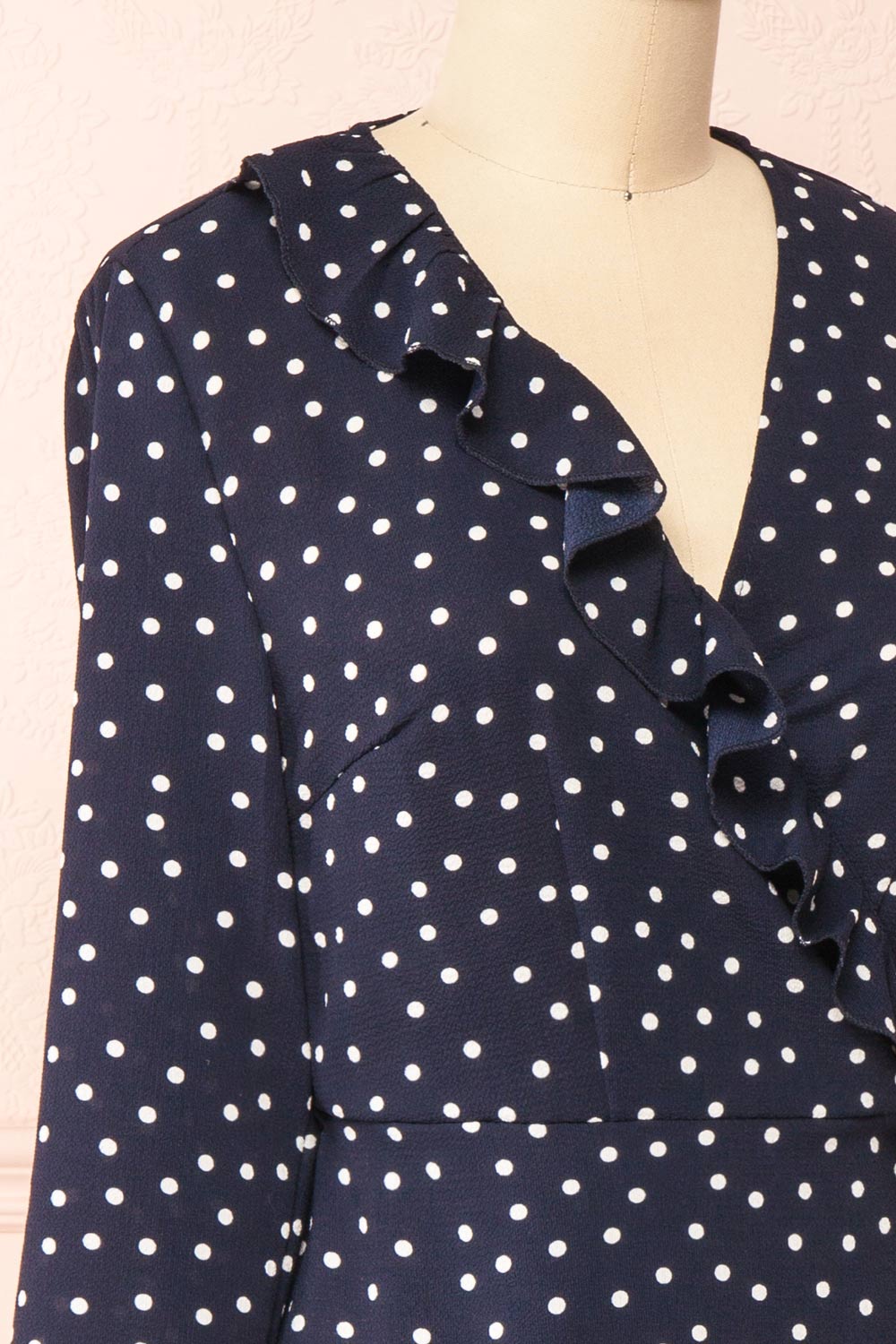 Aslaug Dots Wrap Dress w/ Ruffles | Boutique 1861 side close-up