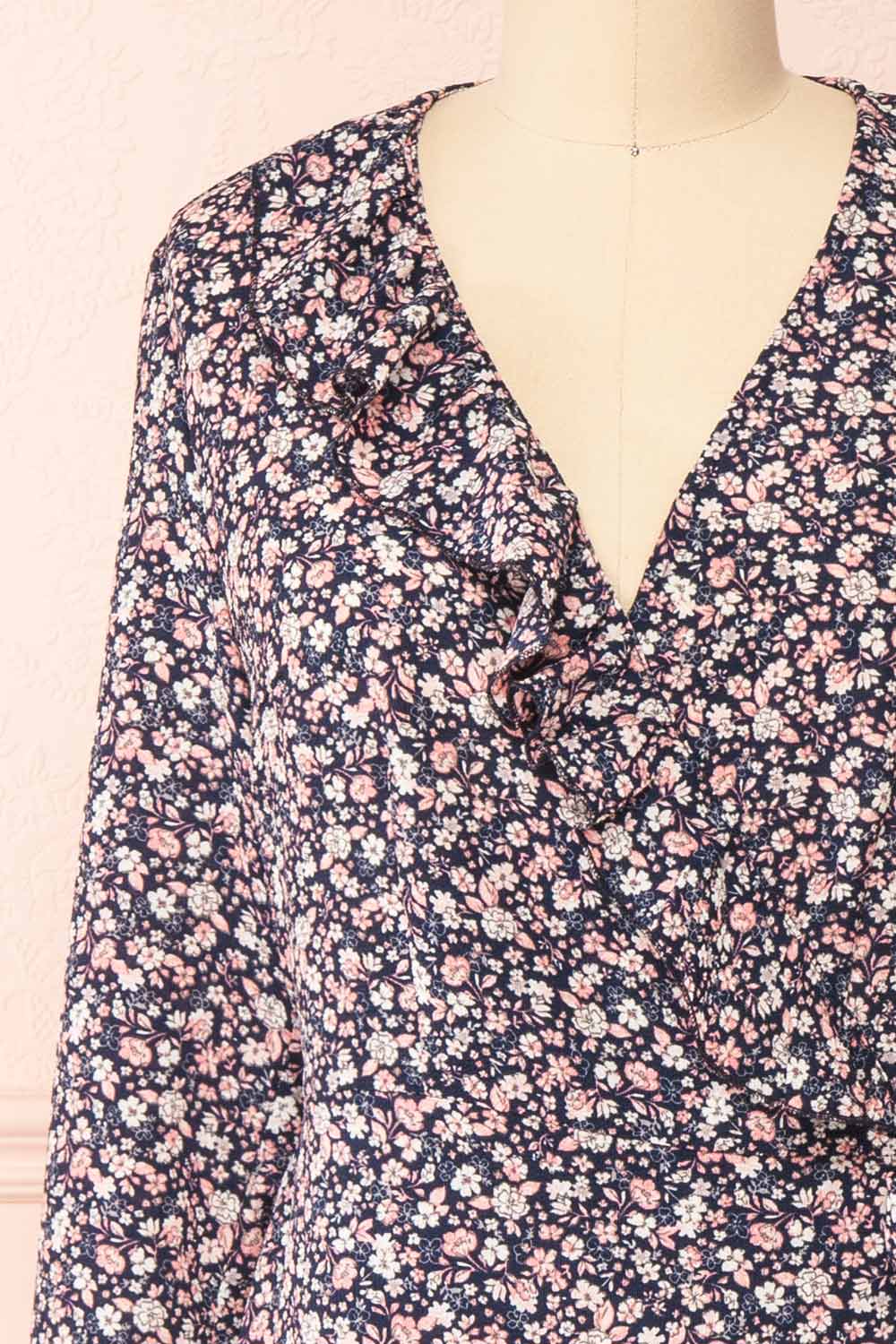 Aslaug Navy Floral Wrap Dress w/ Ruffles | Boutique 1861 front close-up
