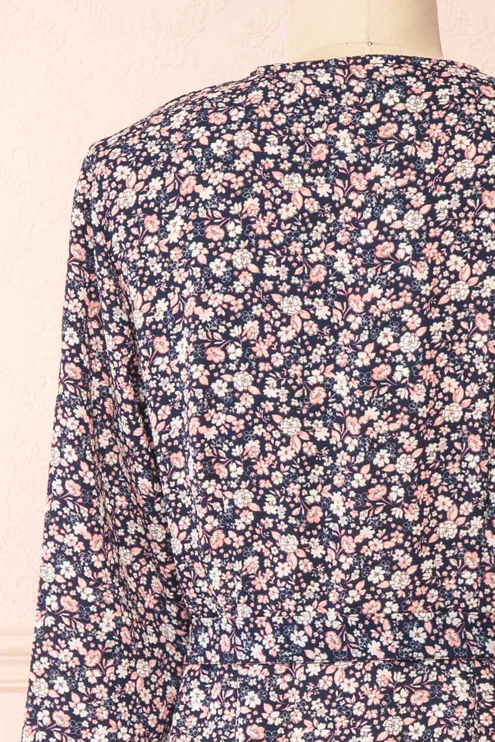 Aslaug Navy Floral Wrap Dress w/ Ruffles | Boutique 1861 back close-up