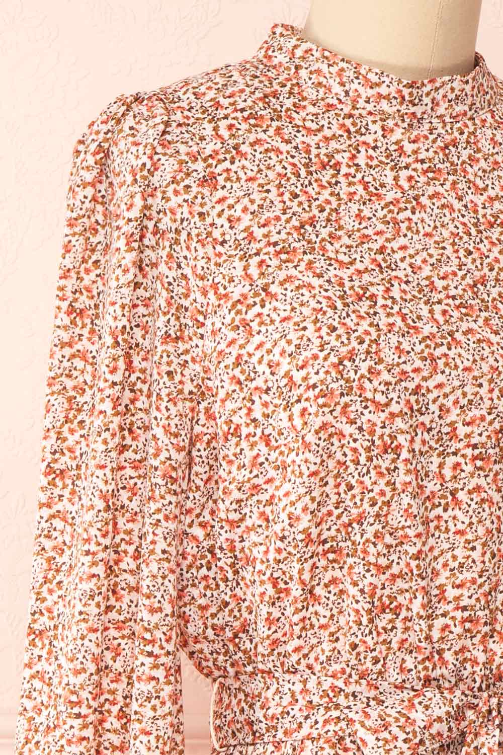 Asma Short Floral Dress w/ High Collar | Boutique 1861  side close-up