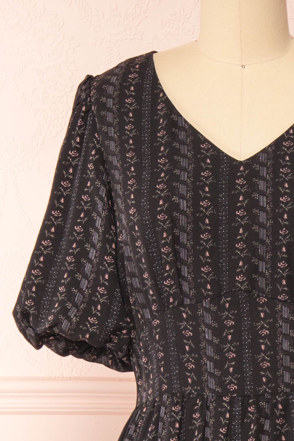 Assoura Black Puffy Sleeve Floral Maxi Dress | Boutique 1861 front close-up