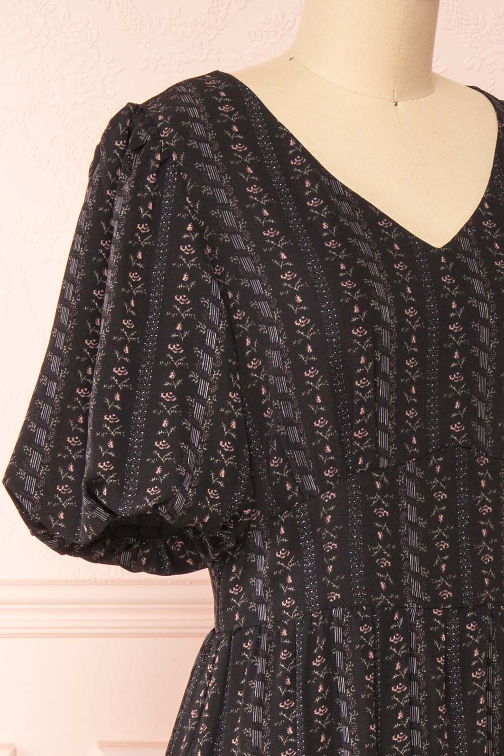 Assoura Black Puffy Sleeve Floral Maxi Dress | Boutique 1861 side close-up