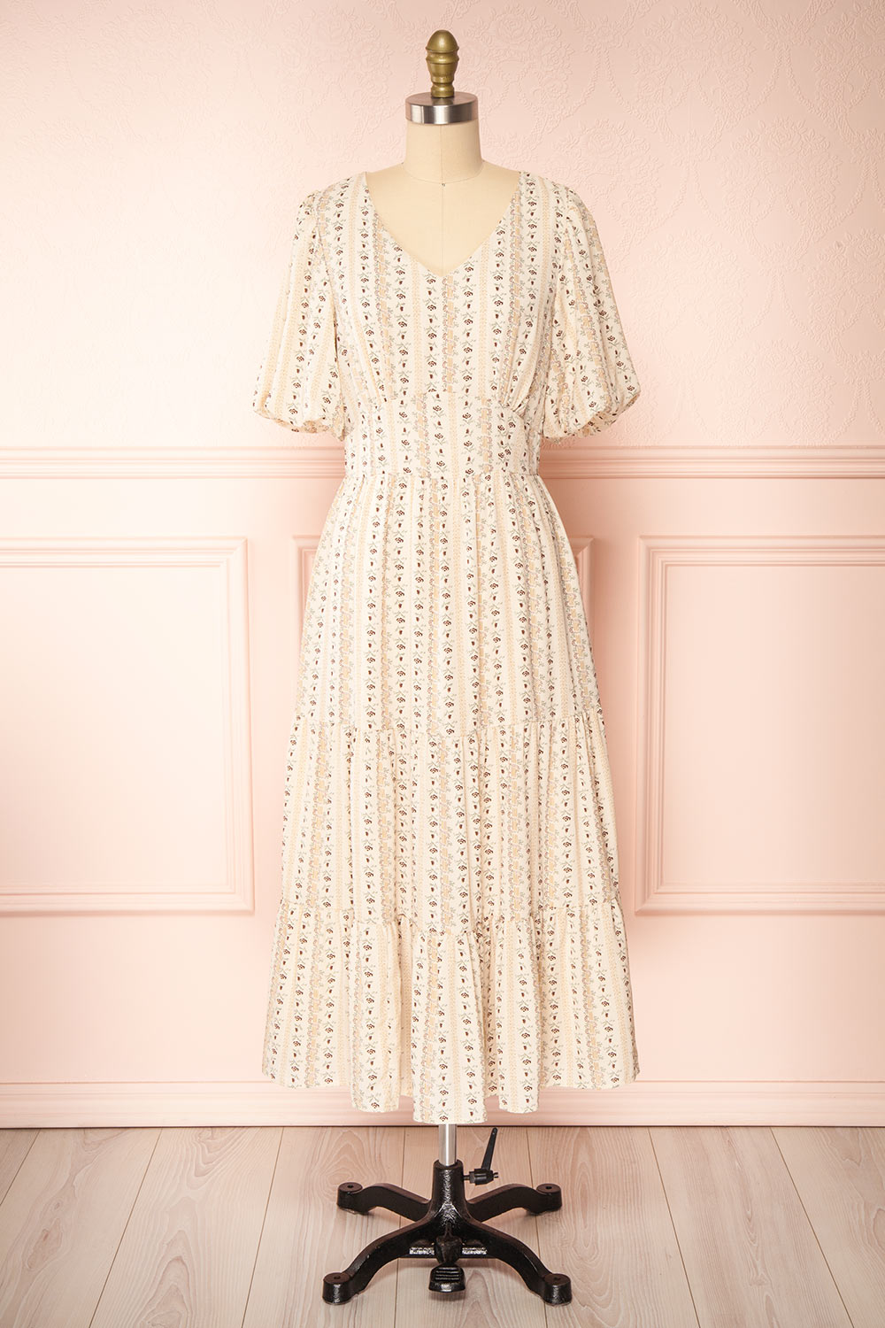 Assoura Cream Puffy Sleeve Floral Maxi Dress | Boutique 1861 front view