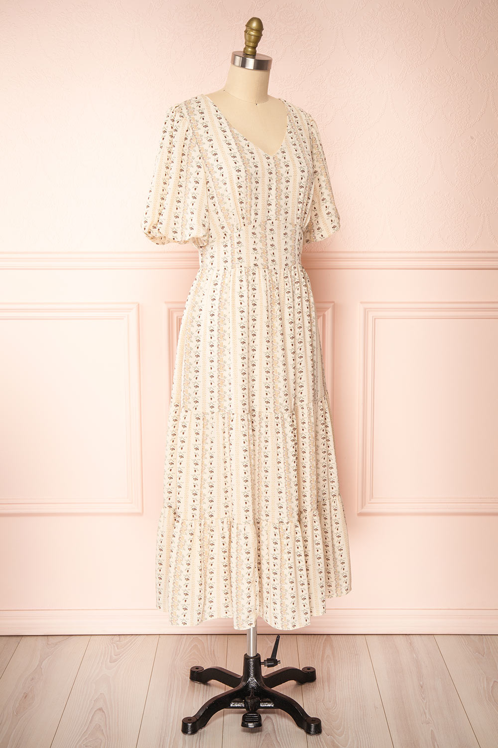 Assoura Cream Puffy Sleeve Floral Maxi Dress | Boutique 1861 side view