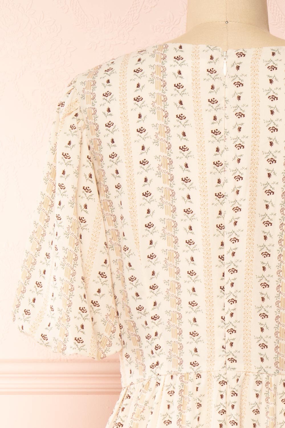 Assoura Cream Puffy Sleeve Floral Maxi Dress | Boutique 1861 back close-up