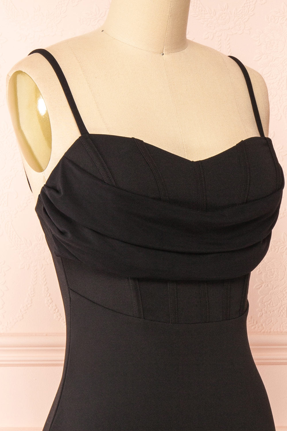 Astoria Black Fitted Midi Dress w/ Cowl Neck | Boutique 1861 side close-up