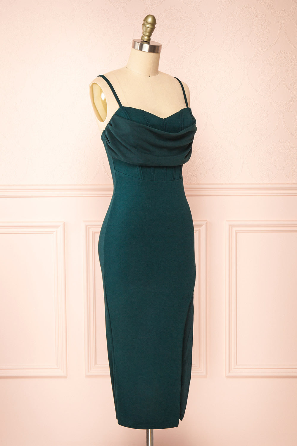 Astoria Green Fitted Midi Dress w/ Cowl Neck | Boutique 1861 side view