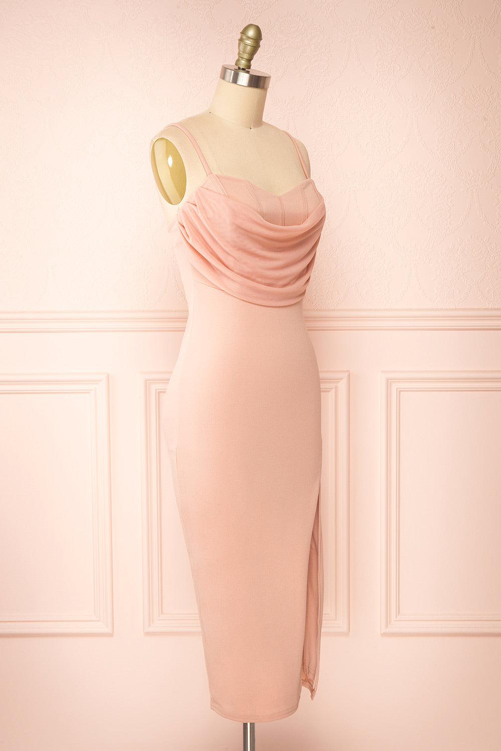 Astoria Pink Fitted Midi Dress w/ Cowl Neck | Boutique 1861 side view
