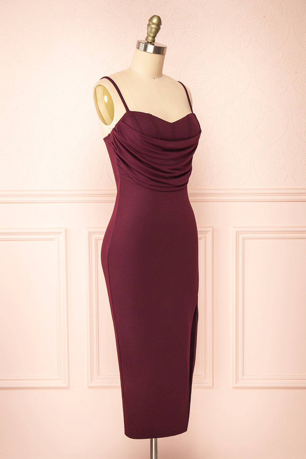 Astoria Wine Fitted Midi Dress w/ Cowl Neck | Boutique 1861 side view