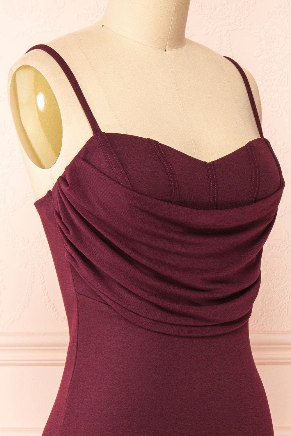 Astoria Wine Fitted Midi Dress w/ Cowl Neck | Boutique 1861 side close-up