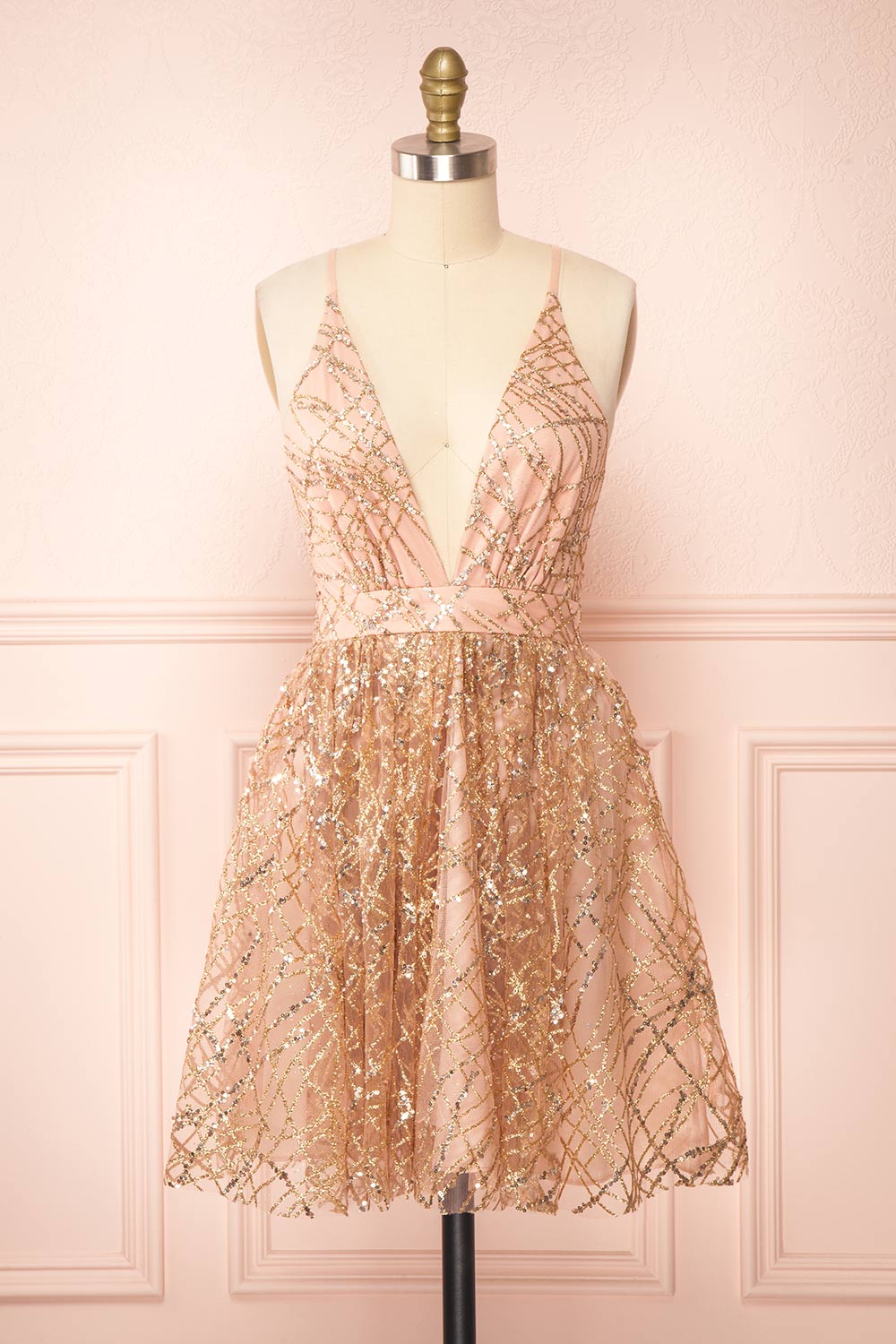 Astral Rose Gold Short A-Line Sequin Dress | Boutique 1861 Astral Rose Gold Short A-Line Sequin Dress | Boutique 1861