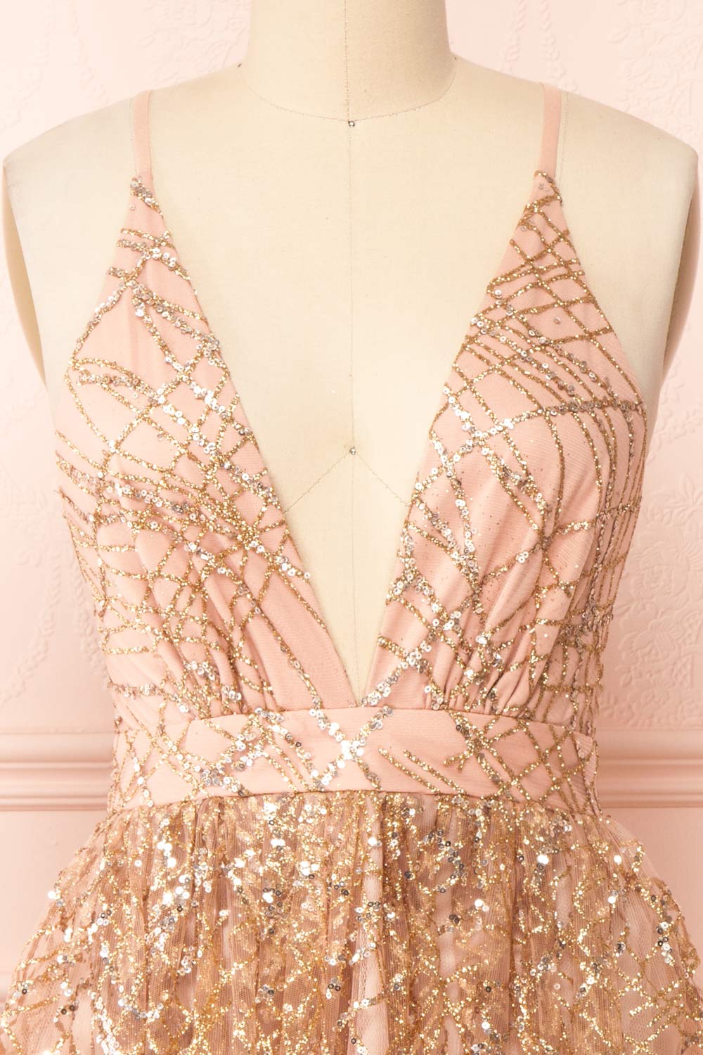 Astral Rose Gold Backless Short Sequin Dress | Boutique 1861 front close-up