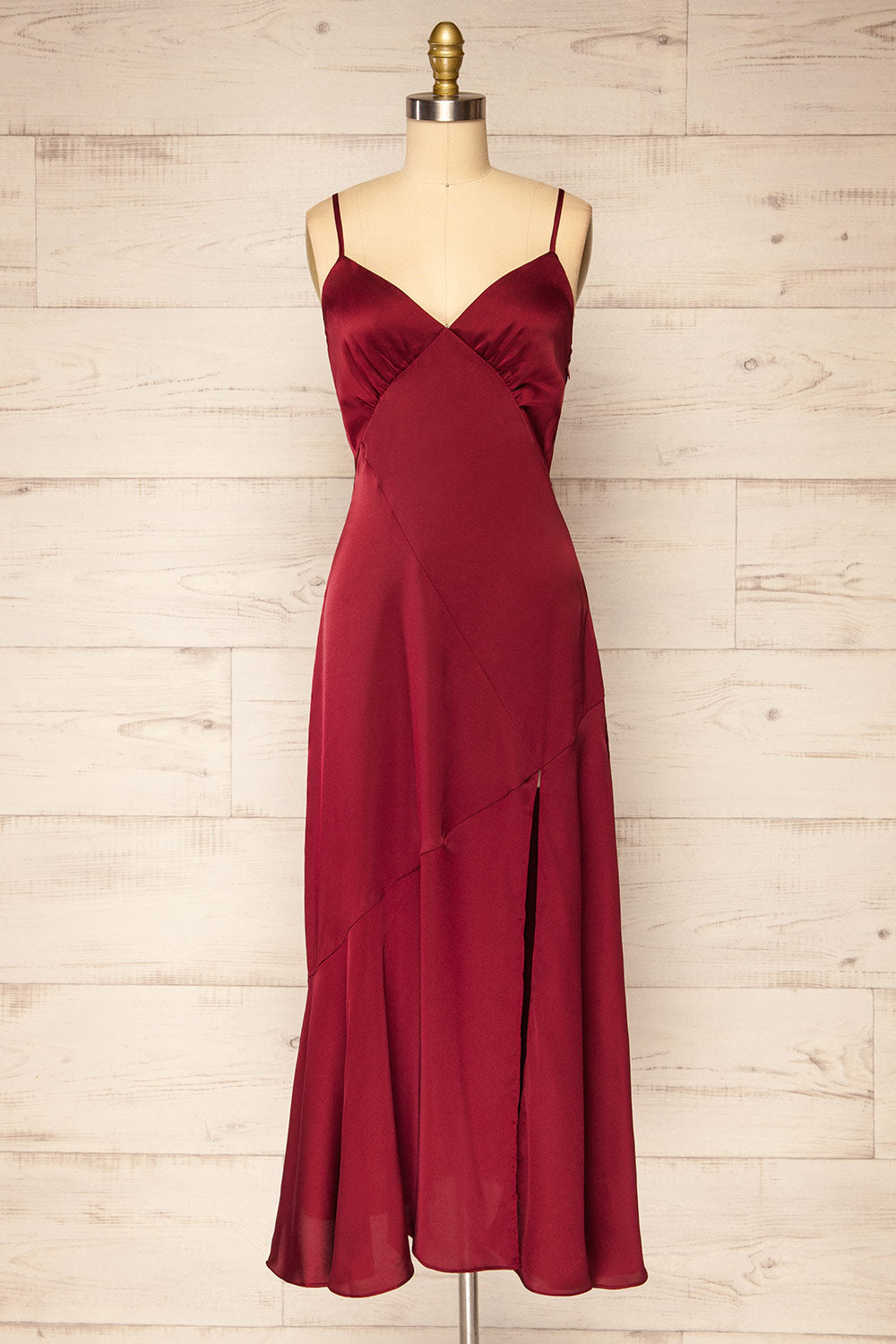 Athy Burgundy V-Neck Midi Satin Dress