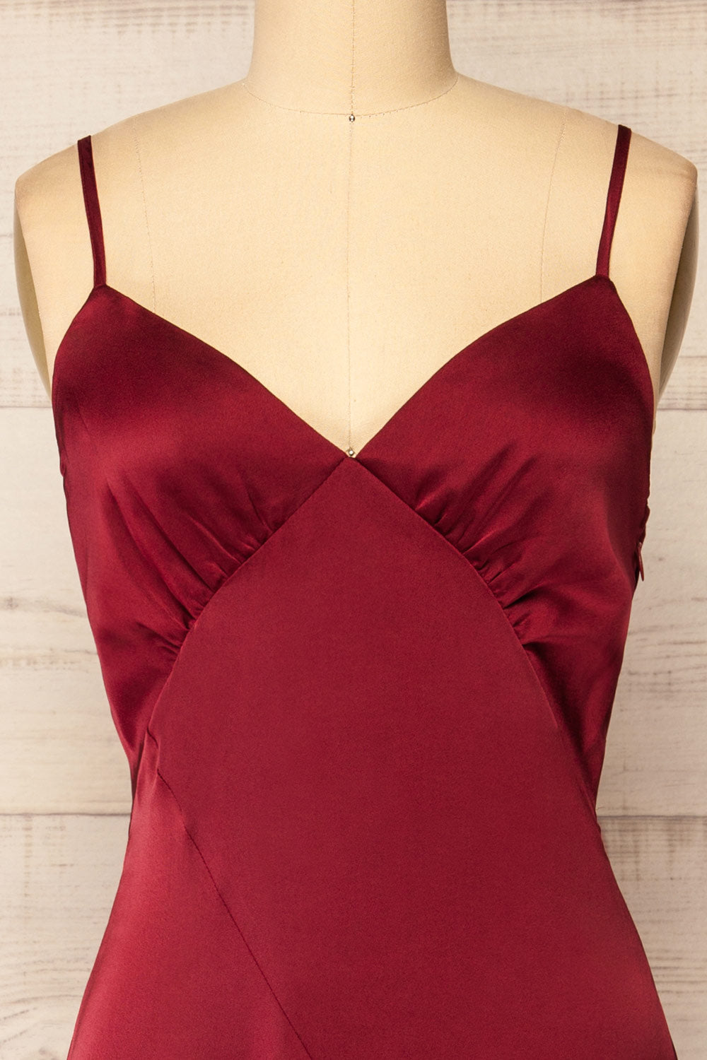 Athy Burgundy V-Neck Midi Satin Dress | La petite garçonne front close-up