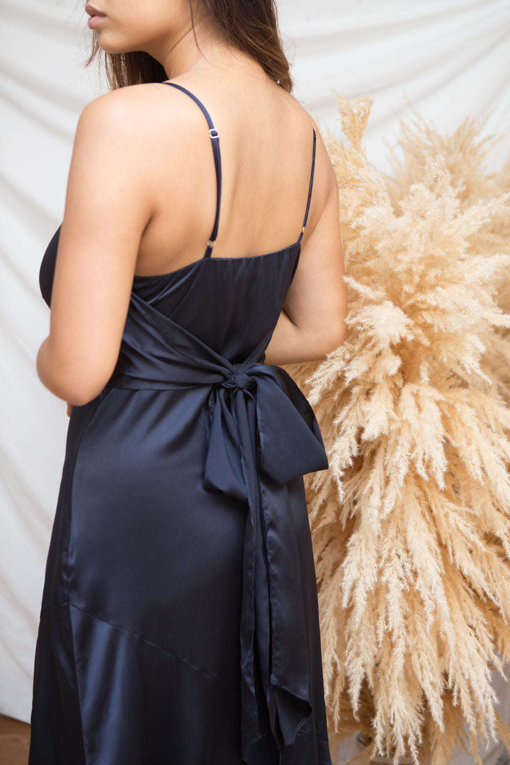 Athy Navy V-Neck Midi Satin Dress | La petite garçonne model back