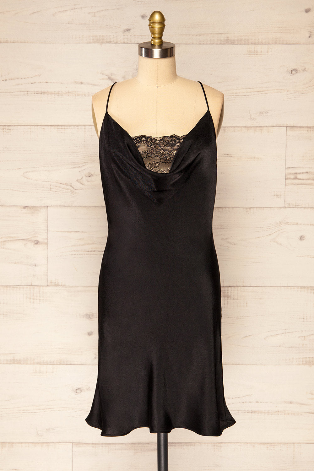Atlanta Short Black Cowl Neck Slip Dress w/ Lace | La petite garçonne front view