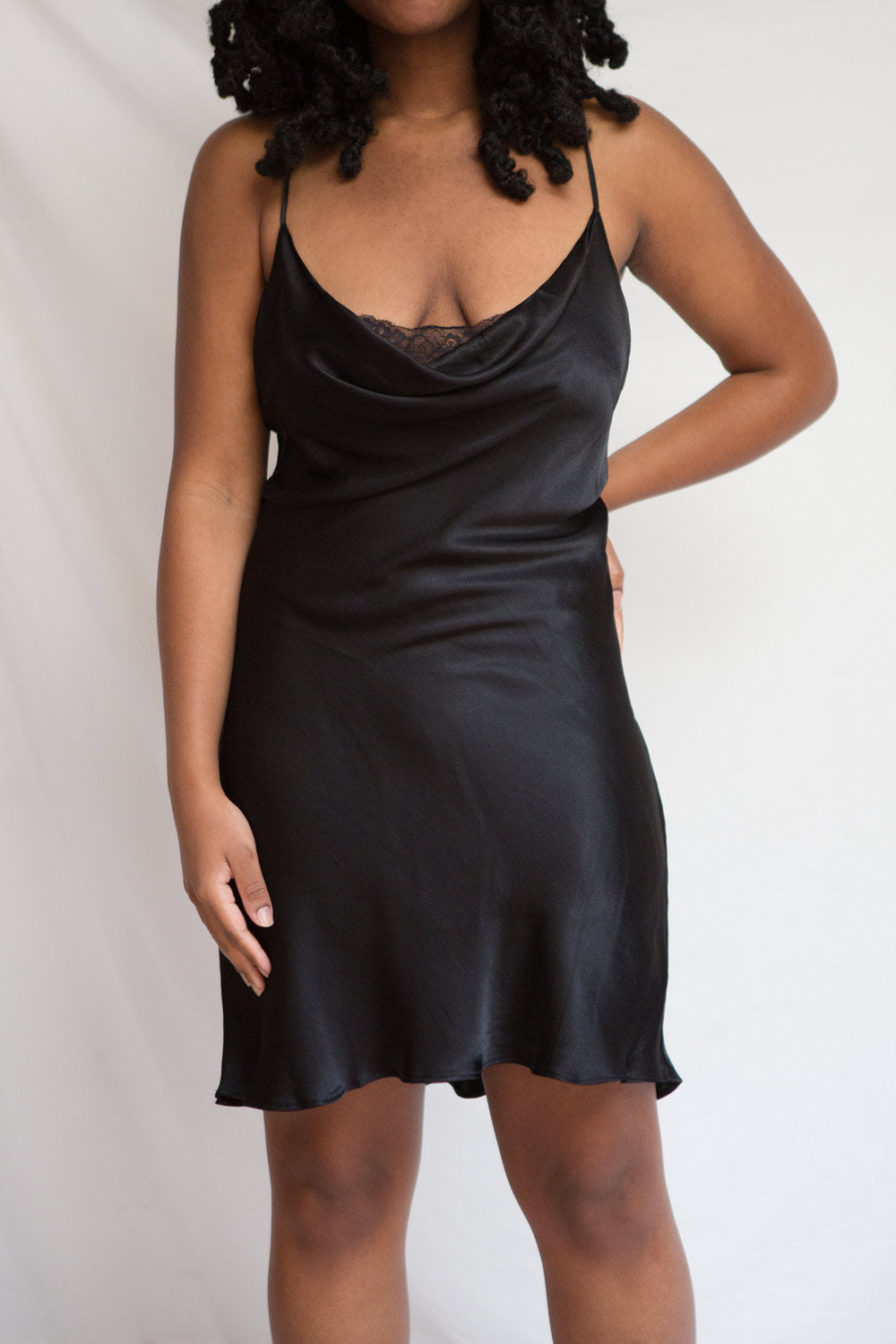 Atlanta Short Black Cowl Neck Slip Dress w/ Lace | La petite garçonne model