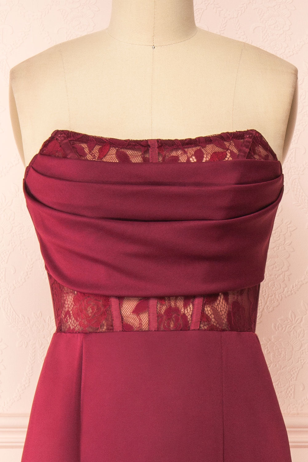 Aubrey Burgundy Strapless Maxi Mermaid Dress | Boutique 1861 front close-up