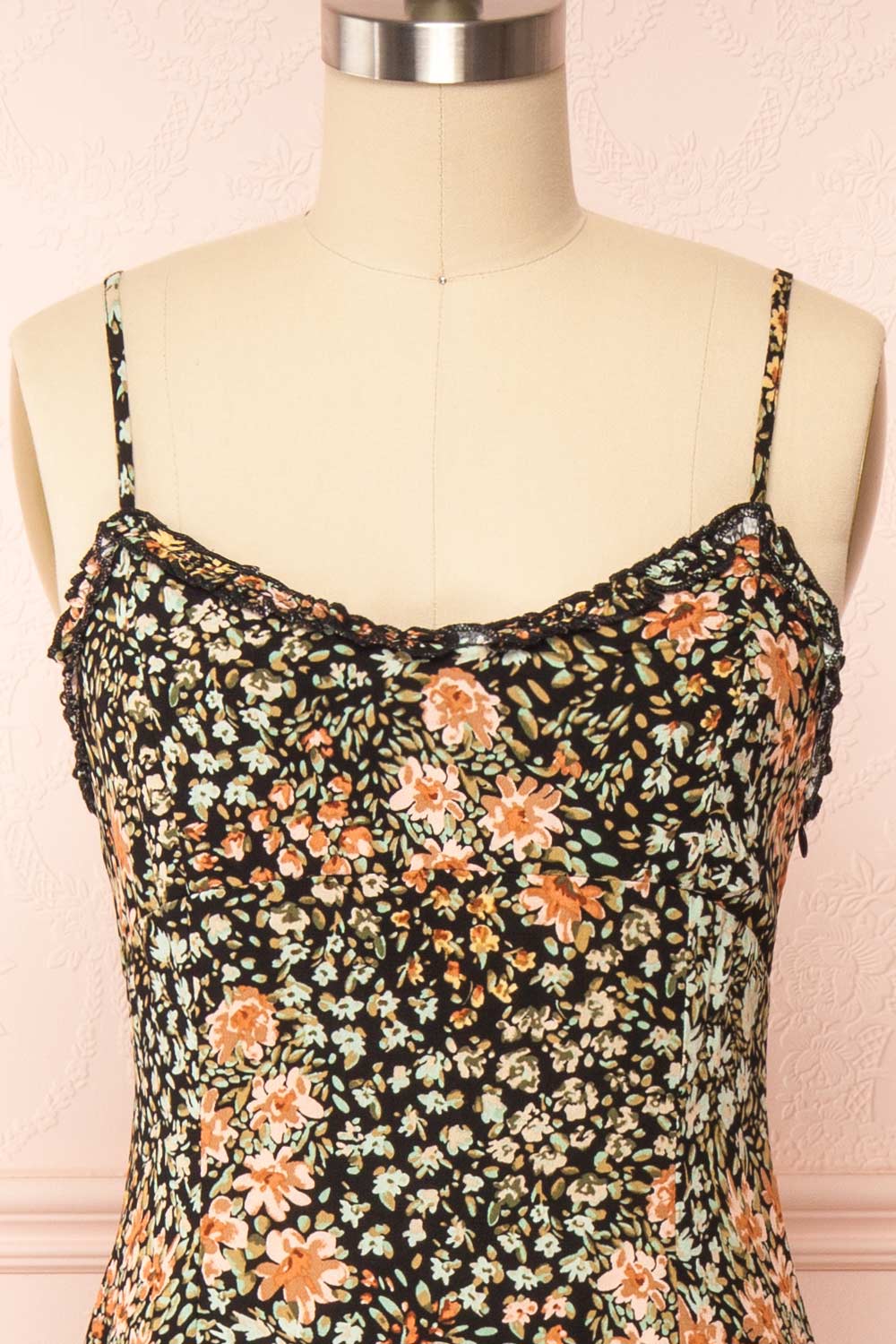 Auriga Floral Midi Dress w/ Thin Straps | Boutique 1861 front close up