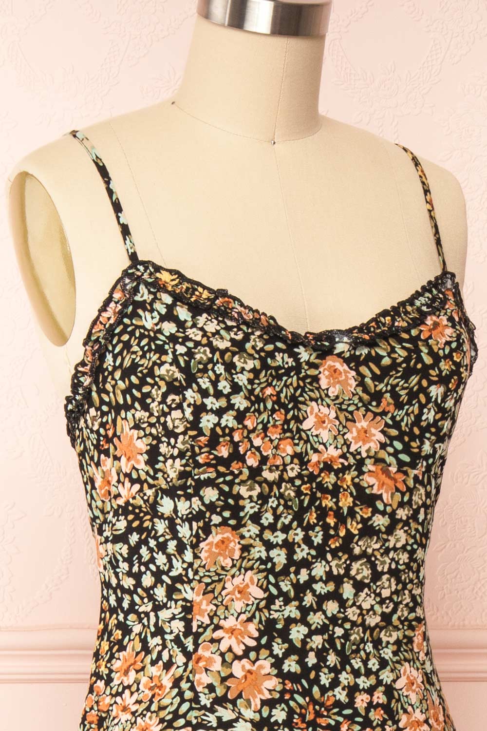 Auriga Floral Midi Dress w/ Thin Straps | Boutique 1861 side close up