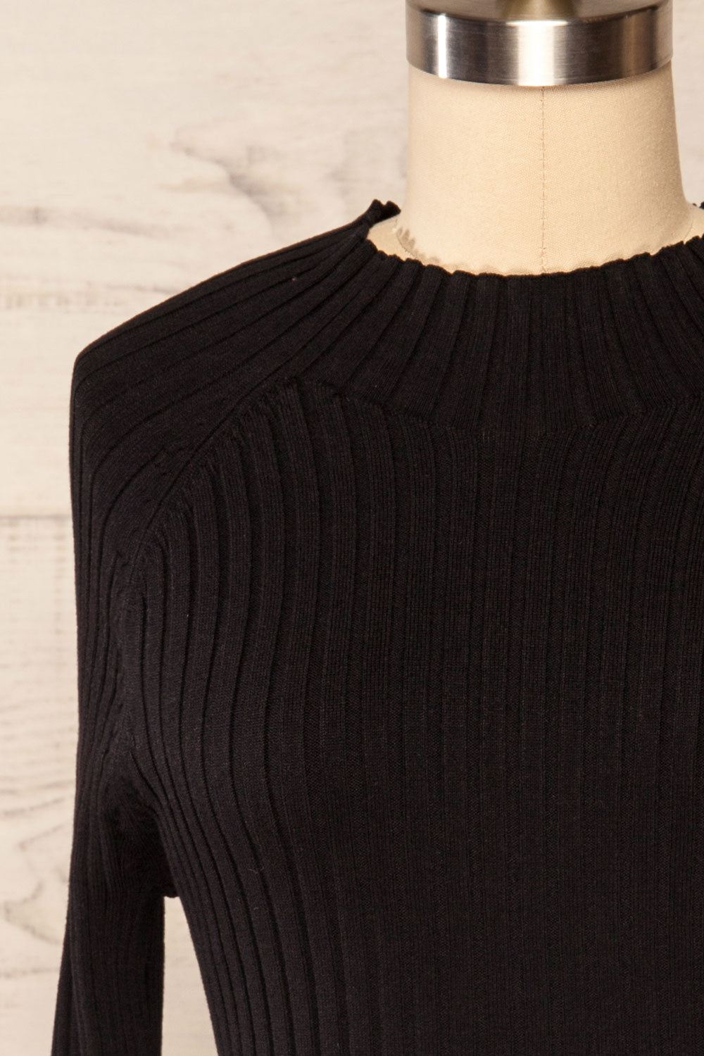Ayr Black Ribbed Mock Neck Top | La petite garçonne front close up