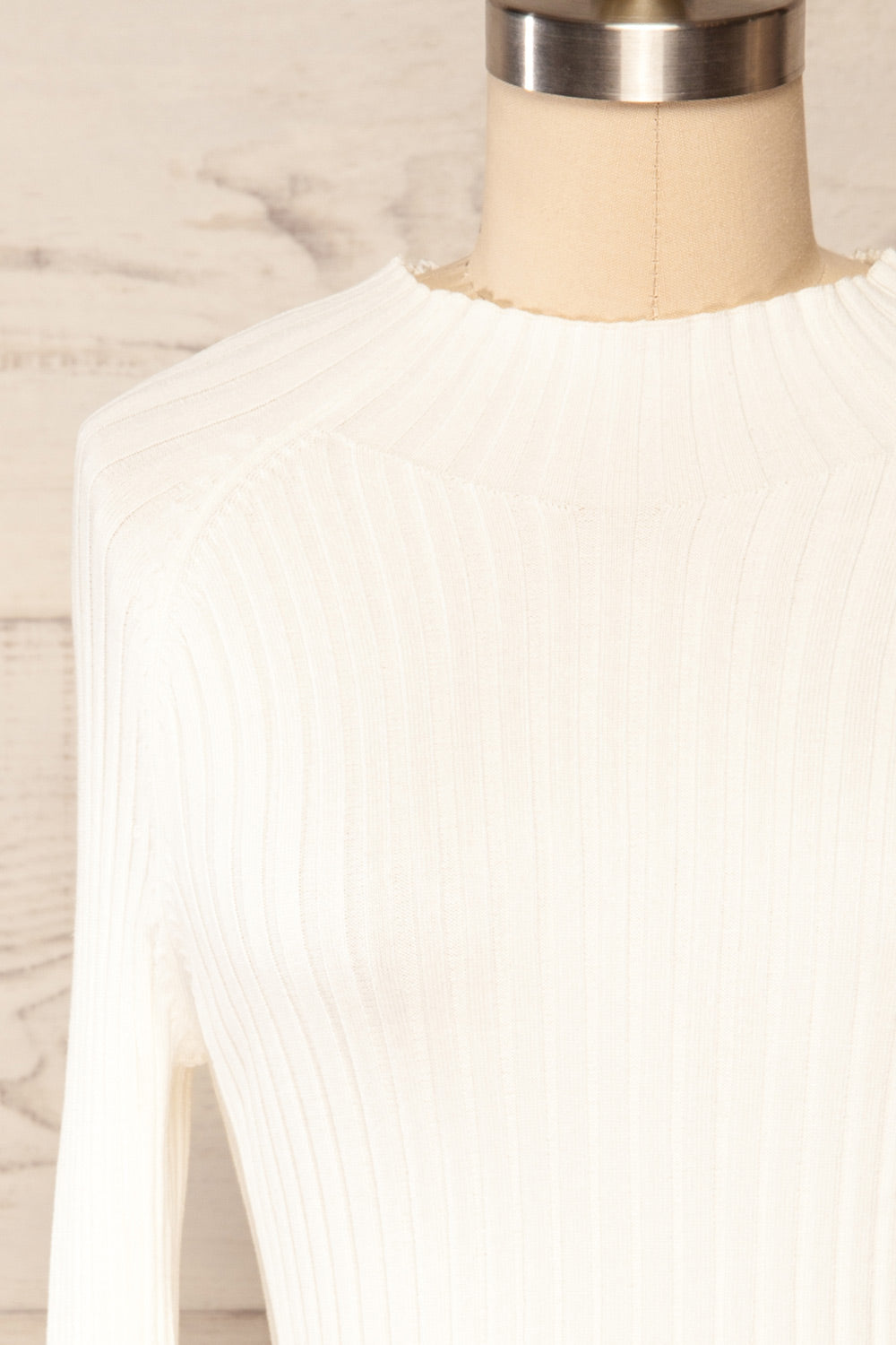 Ayr White Ribbed Mock Neck Top | La petite garçonne front close up
