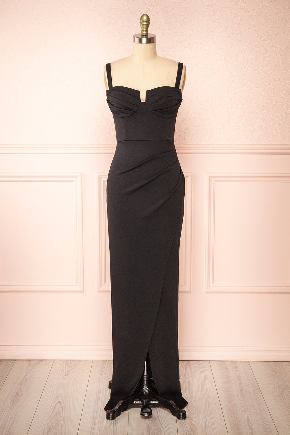 babette midi dress Babette Black Fitted Maxi Dress w/ Pleated Neckline