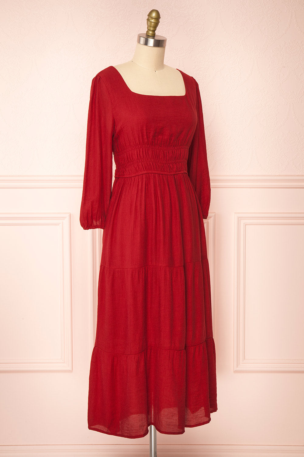 Badira Red Tiered Midi Dress w/ Square Neckline | Boutique 1861 side view