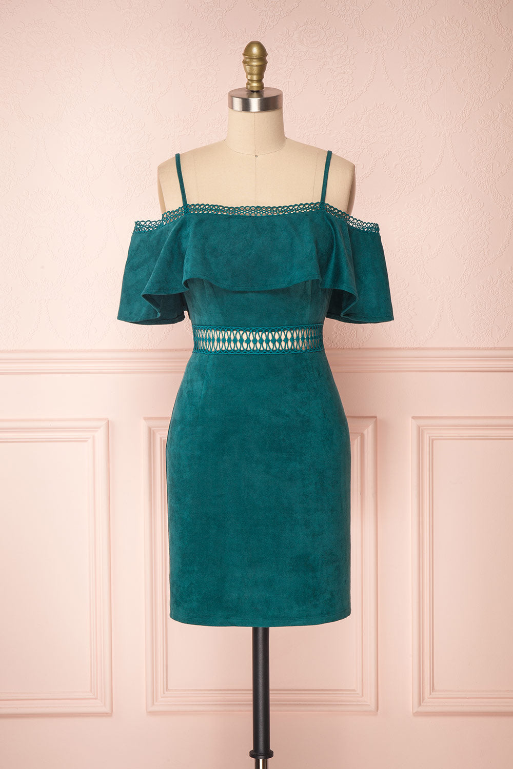 Balkees Green Velvet Off-Shoulder Short Dress | Boutique 1861 front view