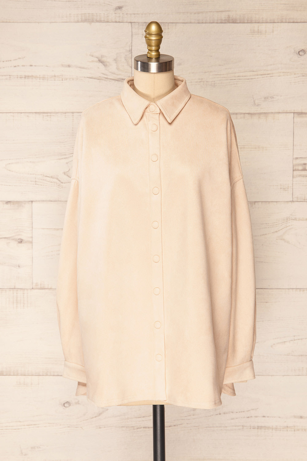 Barriot Beige Faux Suede Button-Up Shirt | La petite garçonne front view