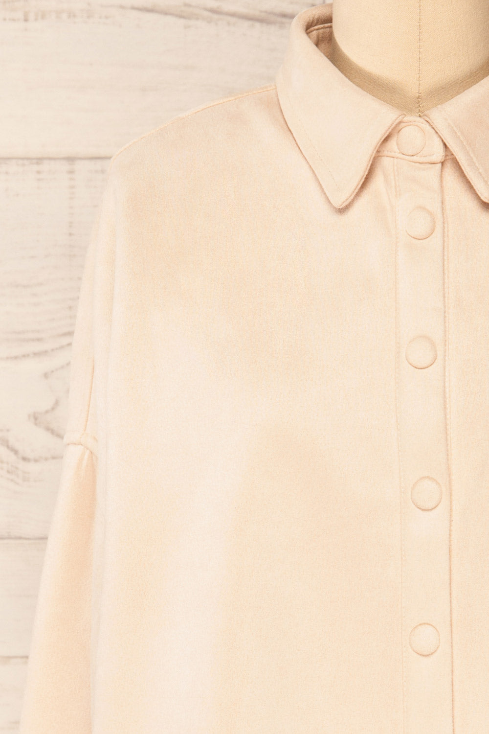 Barriot Beige Faux Suede Button-Up Shirt | La petite garçonne front close-up
