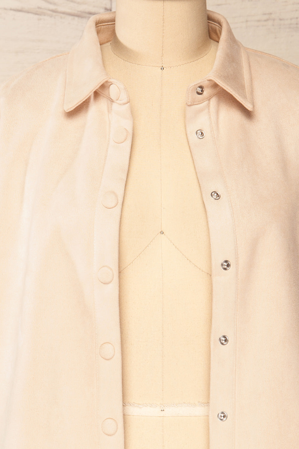 Barriot Beige Faux Suede Button-Up Shirt | La petite garçonne open close-up