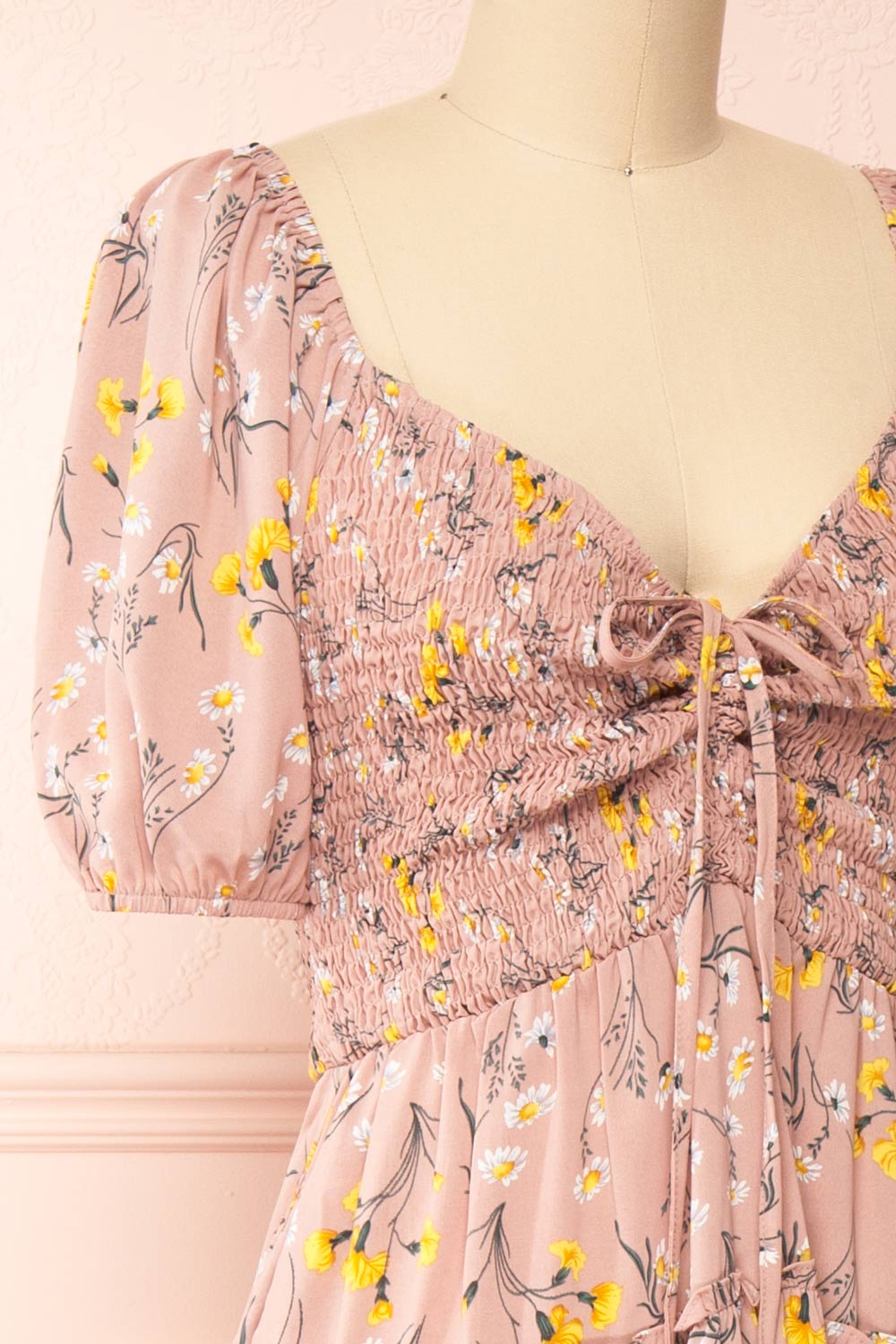 Batyanne Floral Midi Dress w/ Puffy Sleeves | Boutique 1861 side close-up