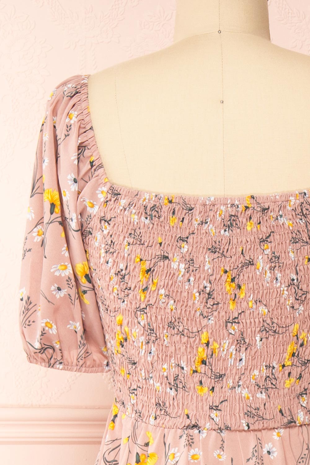 Batyanne Floral Midi Dress w/ Puffy Sleeves | Boutique 1861 back close-up