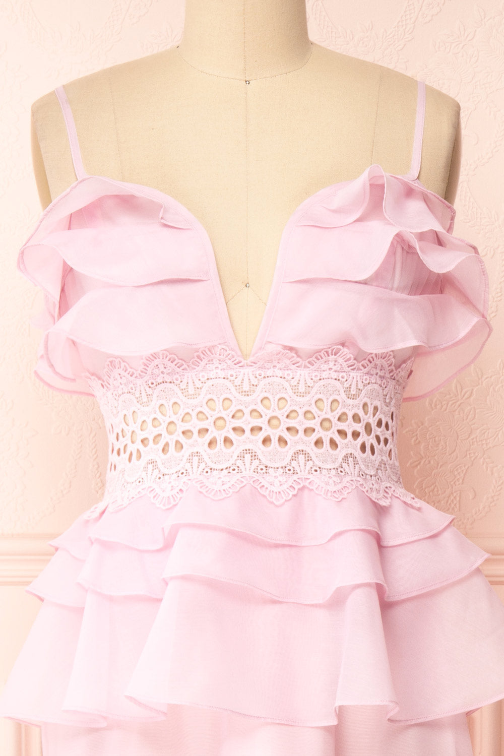 Begena Pink Layered Frills A-Line Midi Dress | Boutique 1861 front close-up