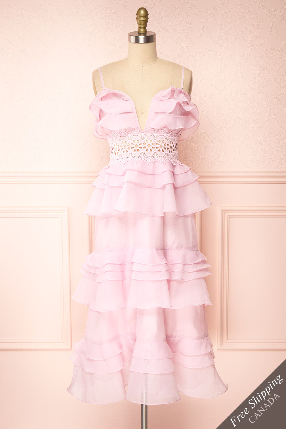 Begena Pink Layered Frills A-Line Midi Dress | Boutique 1861 front view