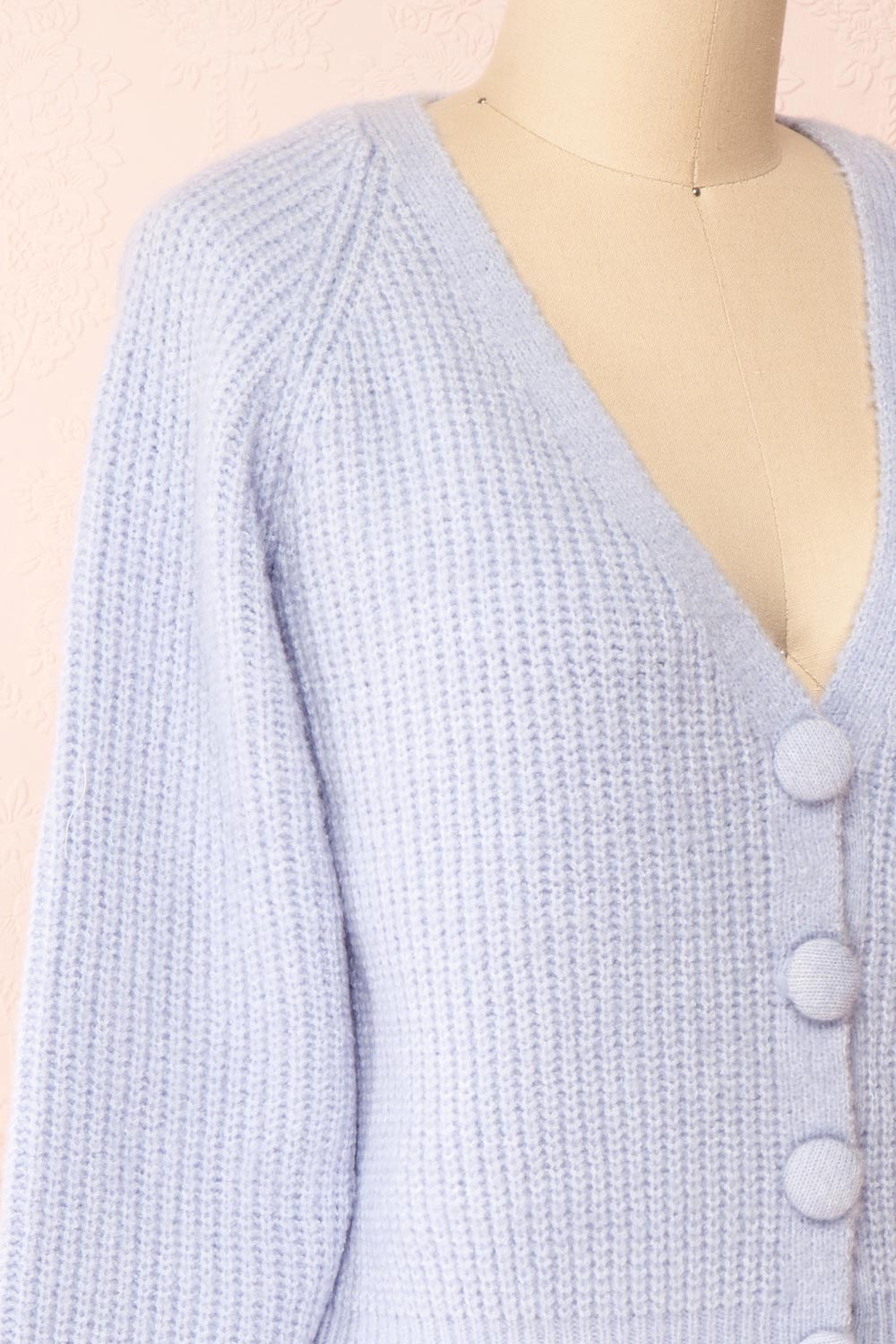 Benita Blue V-Neck Cropped Knit Cardigan | Boutique 1861 side close-up